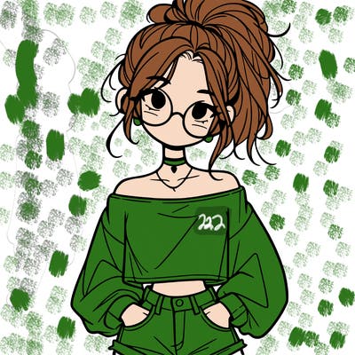 girl with a messy ponytail glasses a baggy crop top and jean shorts