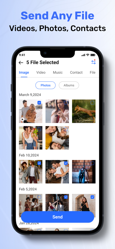 A smartphone displaying the ShareAll app interface with multiple photos selected for file transfer.
