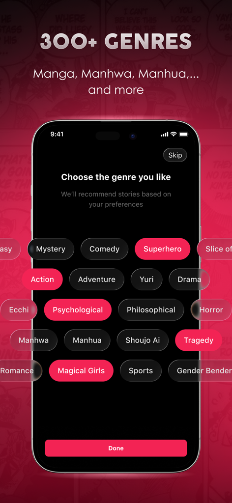 Manga Galaxy app screenshot showing a selection of over three hundred genres including manga manhwa and manhua with a glass style interface