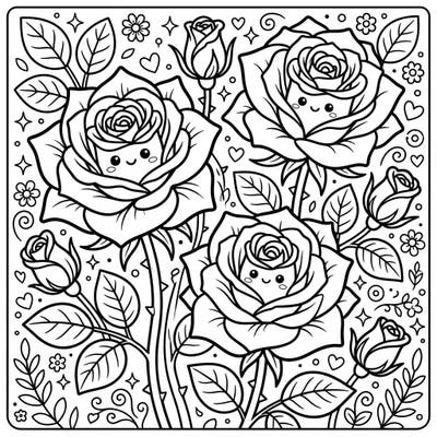 Discover the delightful charm of our Kawaii Hybrid Tea Roses coloring page, where classic elegance meets adorable cuteness. This enchanting design features beautiful roses with sweet, smiling faces, ready for your artistic touch.