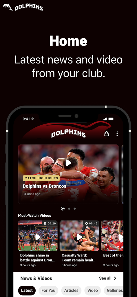 최신 뉴스와 경기 하이라이트 동영상을 표시하는 공식 돌고래 NRL 앱 홈 화면.