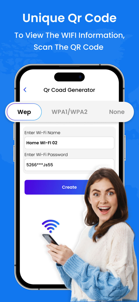 Interfaz del generador de códigos QR Wi-Fi que muestra campos para el nombre de la red y la contraseña