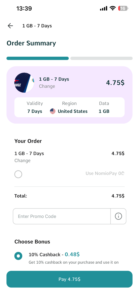 Nomio: eSIM Travel & Internet - Nomio app checkout screen showing a US eSIM travel data plan and pricing
