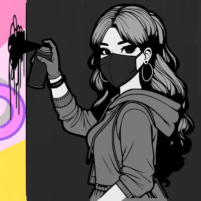 realistic girl with mask spray painting a wall