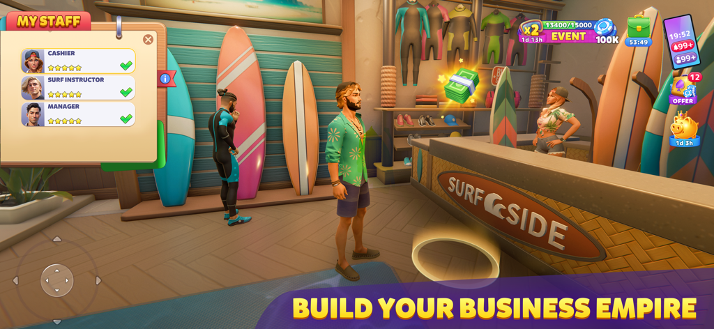Sunday City life simulator surf shop management and staff hiring screen