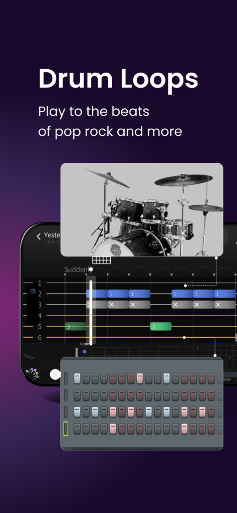 AeroBand Guitar app interface showing the drum loops feature with a virtual drum kit and rhythm pads