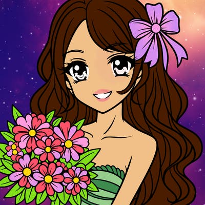 manga woman with flowers and a beautiful smile