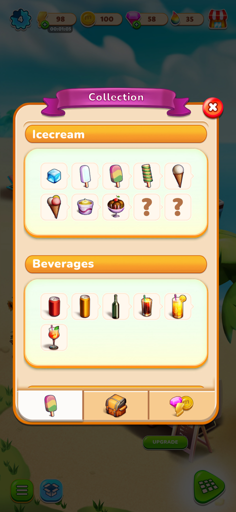 Summer Love: Merge & Story - Collection screen showing various ice cream and beverage items in the Summer Love Merge and Story game.