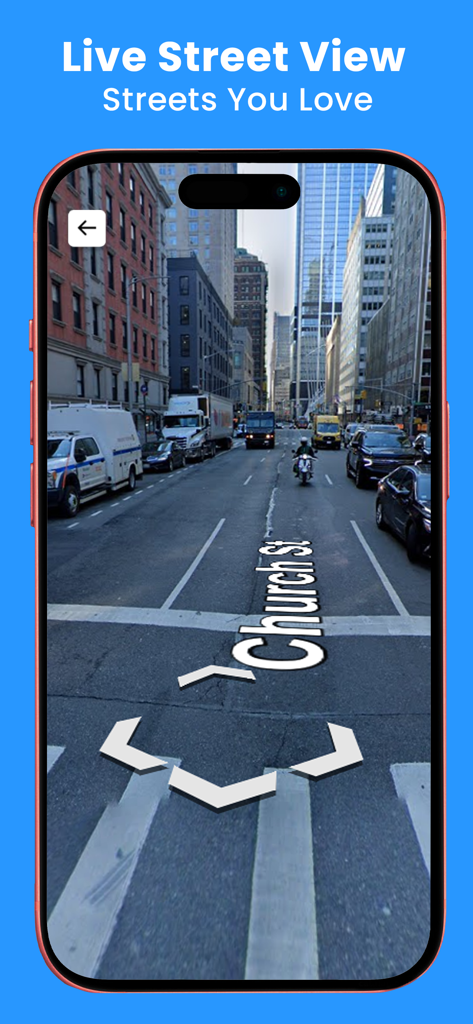 Live street view interface showing a city road with navigation markers