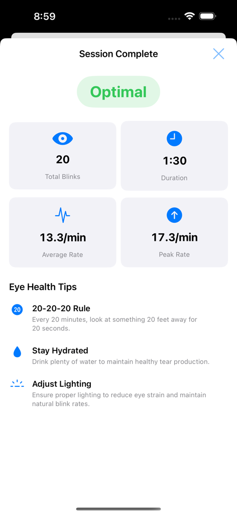 Blinky App - Tela de resumo da sessão do Blinky mostrando estatísticas de piscar e dicas de saúde ocular