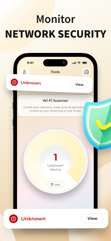 A smartphone interface showing a Wi-Fi scanner feature detecting one unknown device to monitor network security.