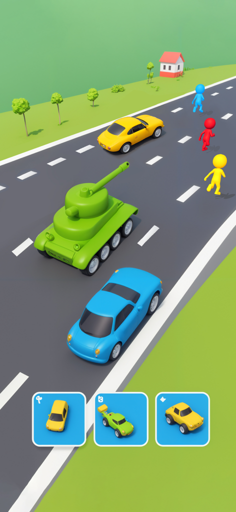Shape Transform Shifting Games - A green tank and colorful cars racing on a road with vehicle transformation icons at the bottom