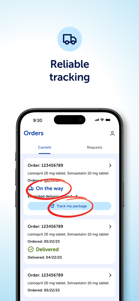 CenterWell Pharmacy app screen displaying order status and prescription shipment tracking