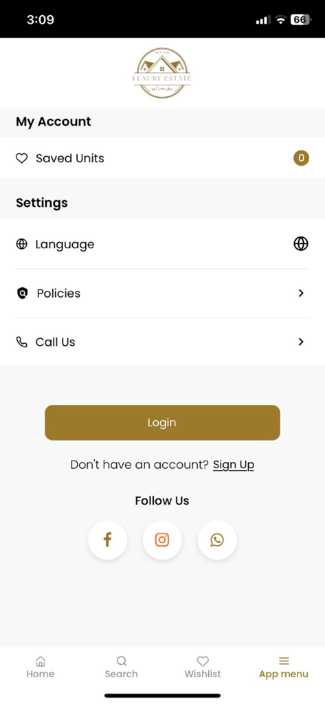 Menú de cuenta de usuario y configuración de la aplicación Luxury Estate con enlaces de inicio de sesión y redes sociales.