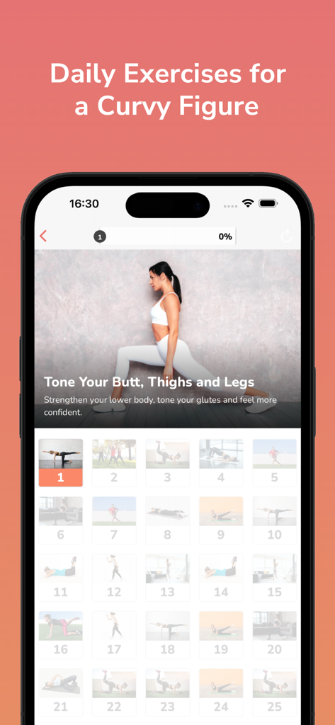 Hourglass Figure Challenge - A mobile app interface displaying daily exercise routines for toning legs and glutes with a numbered grid of workout days.