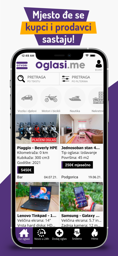 Oglasi - Oglasi.me app interface showing classified ads for vehicles real estate and electronics.