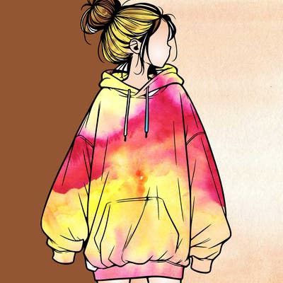 realistic girl with a oversized sweatshirt on and a bun