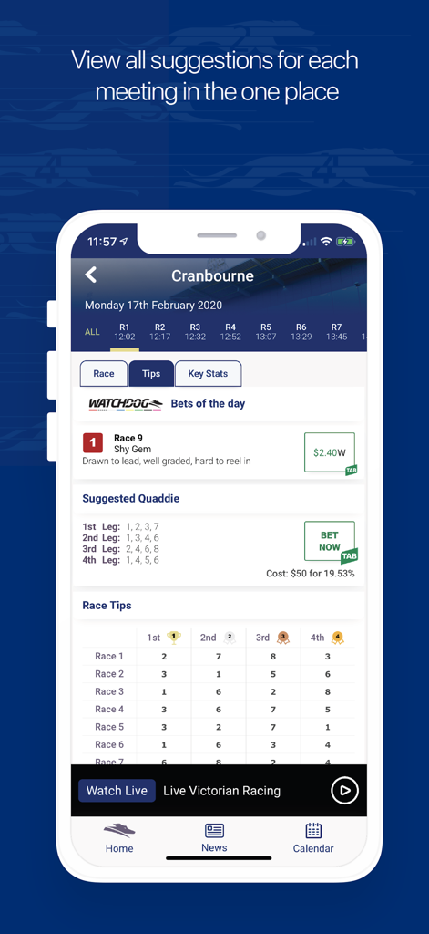Watchdog - Watchdog app interface showing greyhound racing tips and suggested quads for a race meeting