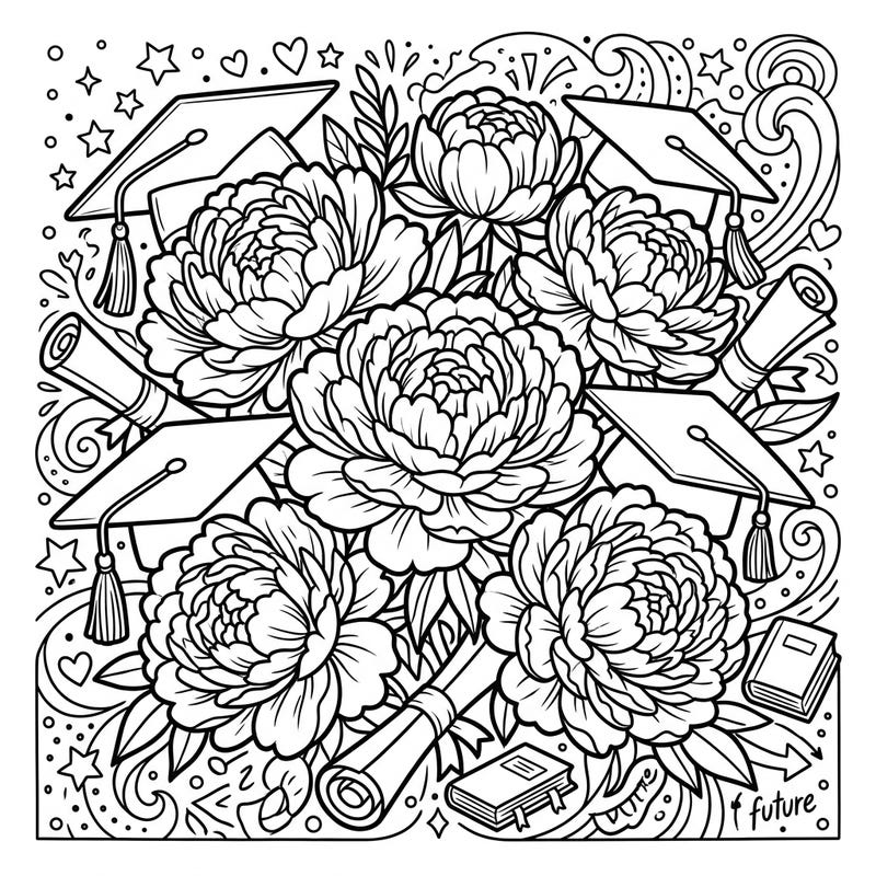 Mark the special milestone of graduation with this beautifully designed coloring page, blending the lush elegance of double peonies with classic academic symbols. It's a perfect way to celebrate achievements and inspire future dreams through creative coloring.