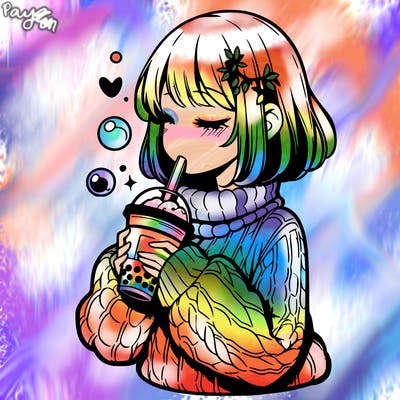 manga girl drinking boba in cozy sweater