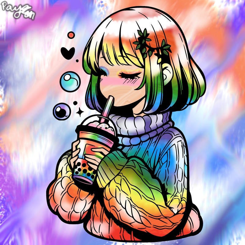 manga girl drinking boba in cozy sweater