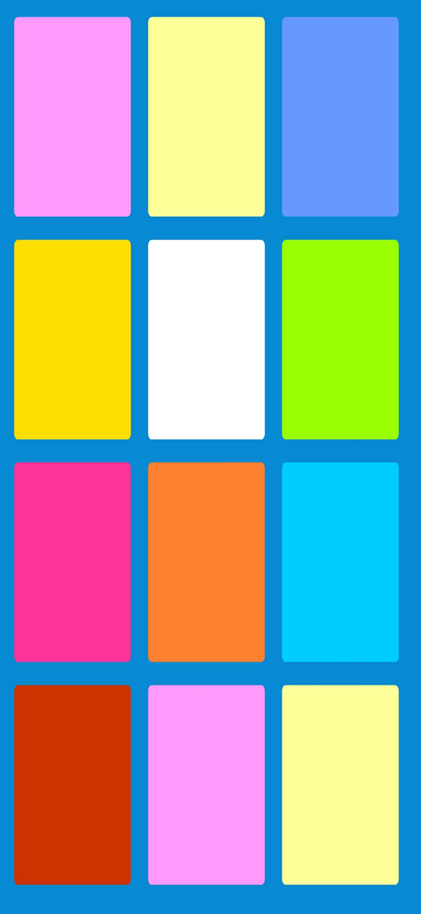 A grid of twelve colorful tiles on a blue background for a memory and rhythm game.