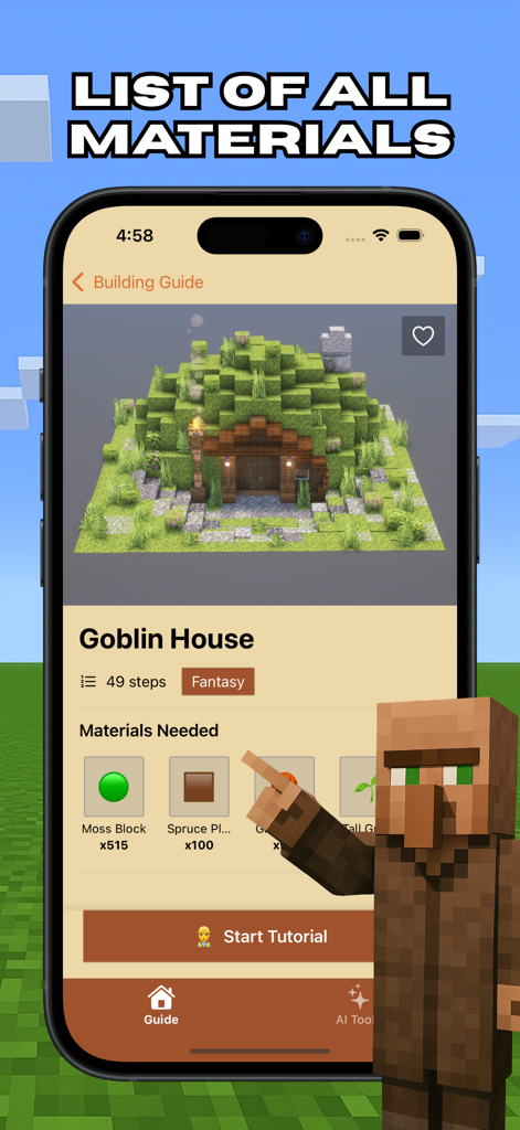 Building Guide For Minecraft - Una captura de pantalla de la aplicación Guía de Construcción para Minecraft que muestra una lista de materiales y un tutorial para la construcción de una Casa Goblin.