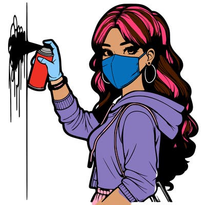 realistic girl with mask spray painting a wall
