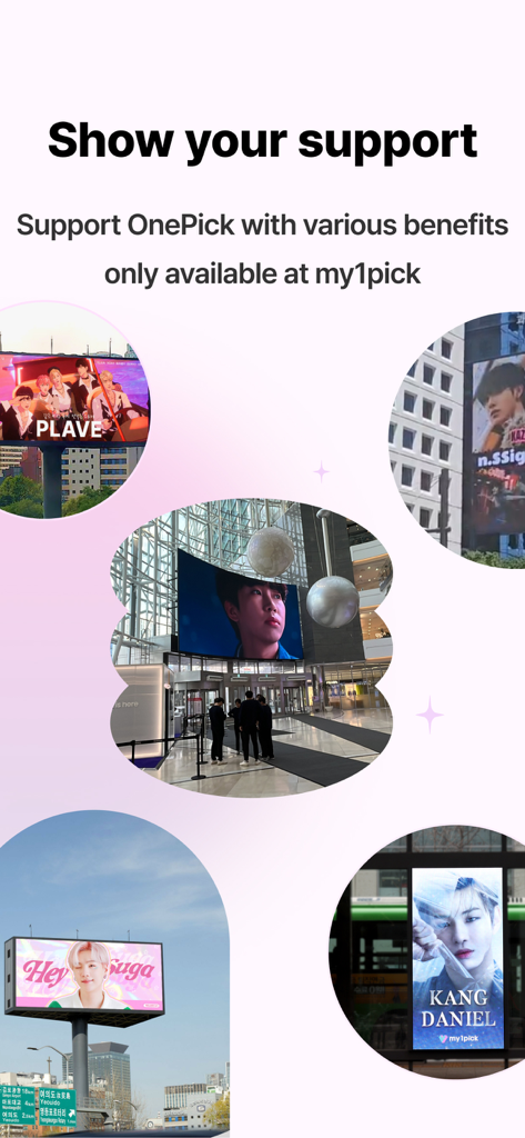my1pick - KPOP Vote & Shopping - Un collage de vallas publicitarias y anuncios de metro de ídolos de Kpop financiados por fans a través de la app my1pick