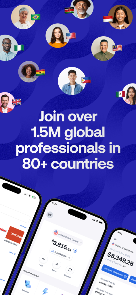 Grey banking app interface showing USD account balances with a diverse community of global professionals.