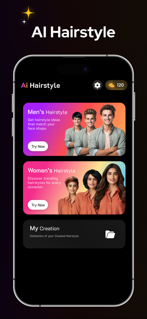 Hairstyle AI: Try On Hair Cut - Interface de l'application Hairstyle AI montrant des options d'essai virtuel de coiffure pour hommes et femmes