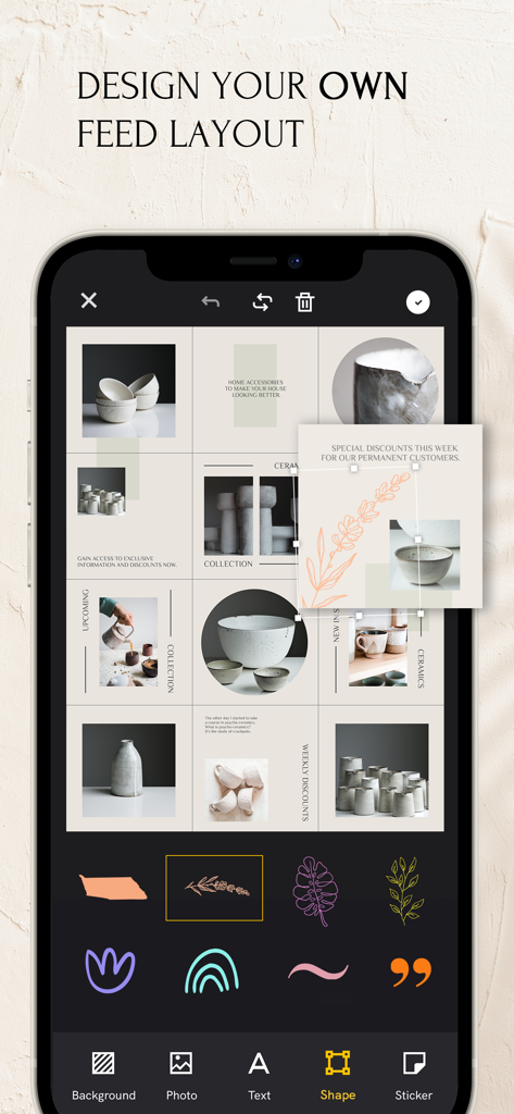 Mobile app interface for designing custom Instagram feed layouts with photos and minimalist stickers