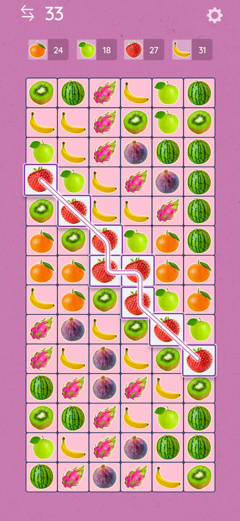 Tile Link - Match & Connect - Gameplay of Tile Link showing fruit tiles being matched and linked on a pink background
