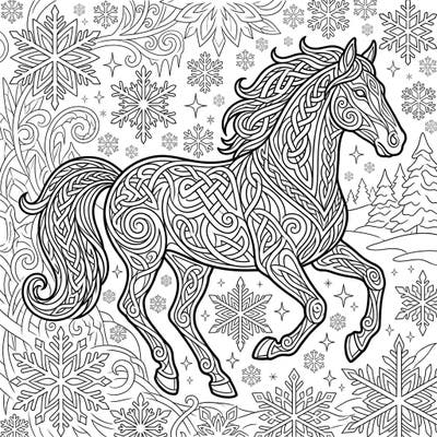 Embark on a creative journey with this stunning Celtic horse coloring page, beautifully entwined with intricate knotwork. Surrounded by an enchanting winter wonderland of snowflakes, it's perfect for a relaxing and inspiring coloring session.