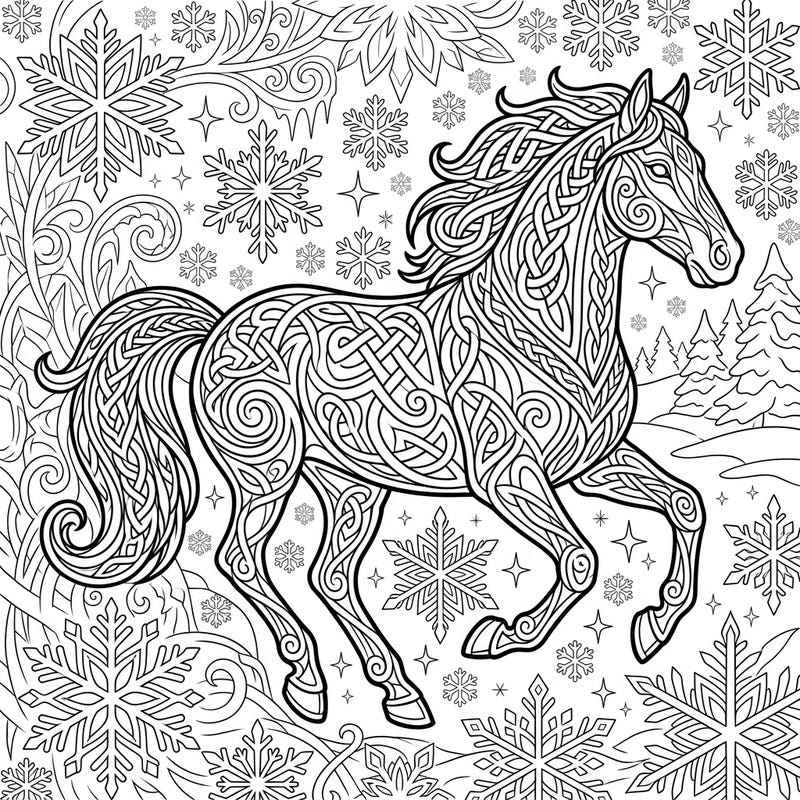 Embark on a creative journey with this stunning Celtic horse coloring page, beautifully entwined with intricate knotwork. Surrounded by an enchanting winter wonderland of snowflakes, it's perfect for a relaxing and inspiring coloring session.