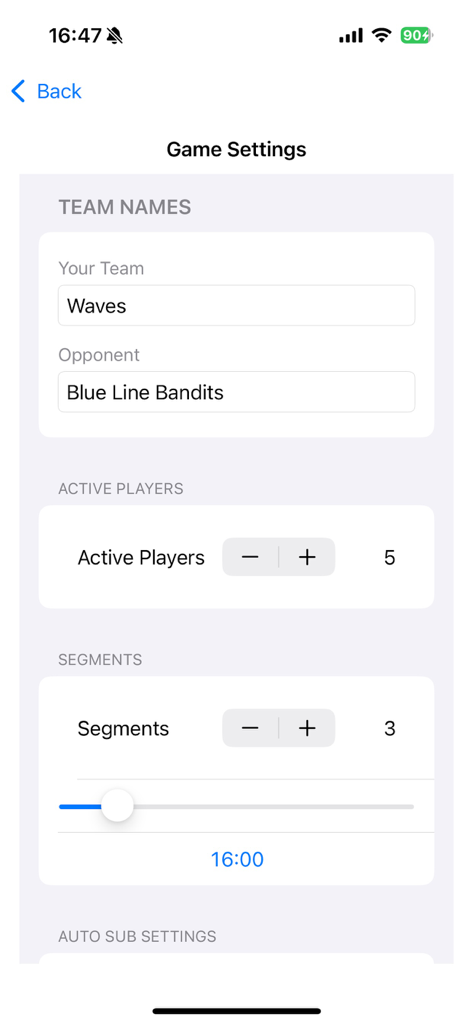 GameTime Manager - Game settings screen in the GameTime Manager app for configuring team names and active players