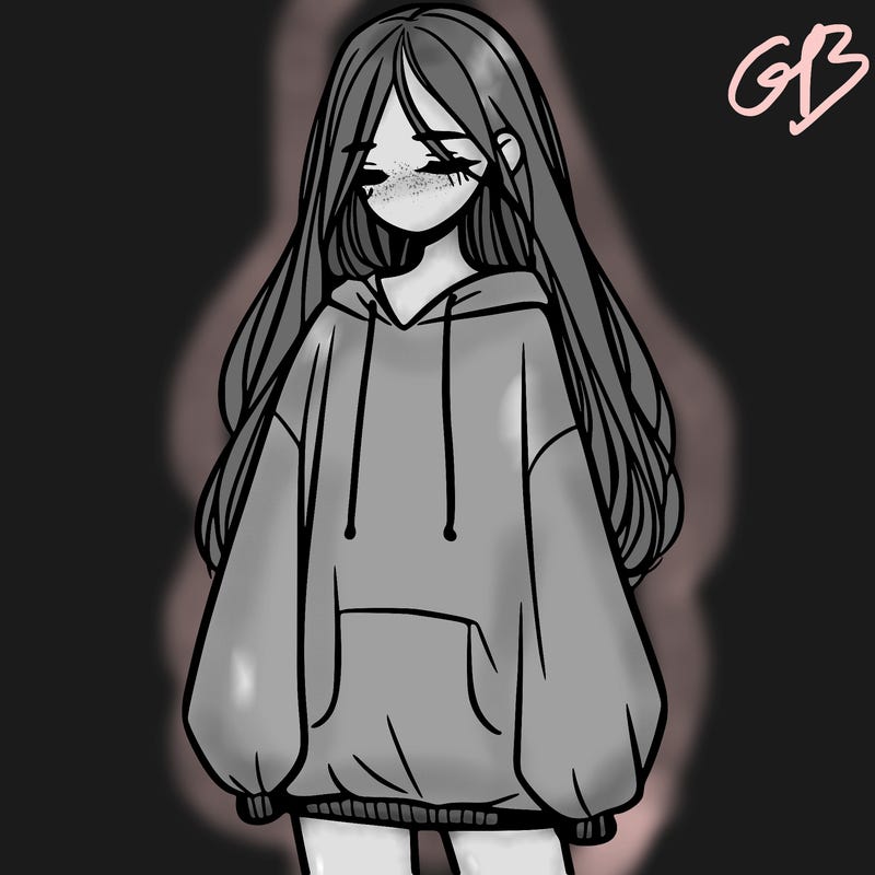 girl with baggy sweatshirt and long hair