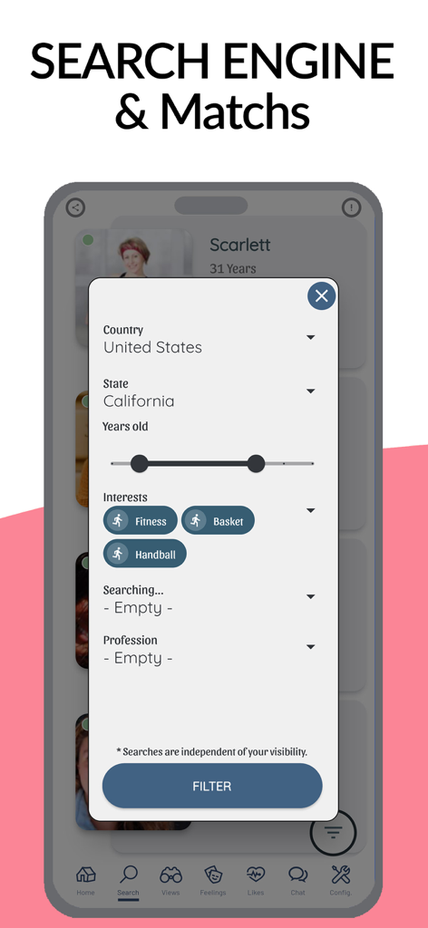 QuoDating App-Suchoberfläche mit Standort- und Altersfiltern