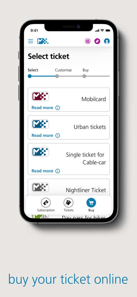 südtirolmobil - Ein Bildschirm einer mobilen App, der Optionen zum Kauf von ÖPNV-Tickets für Südtirol anzeigt, einschließlich Mobilcard und Seilbahnpässen.