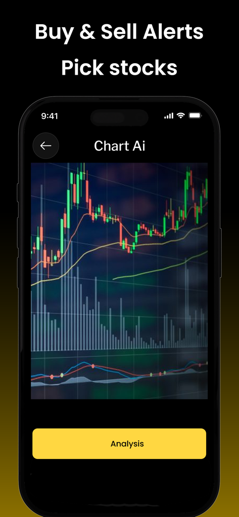 Crypto Chart AI Trading Signal - 売買アラートのAI分析ボタンが表示されたローソク足取引チャートを示すモバイルアプリのインターフェース。