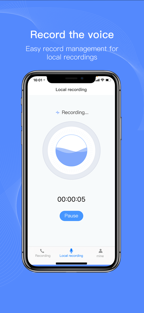 Call Recorder - Voice Recorder - タイマーと一時停止ボタンが表示された、アクティブなローカル音声録音セッション中の通話レコーダーアプリのインターフェイスを示すスマートフォンの画面