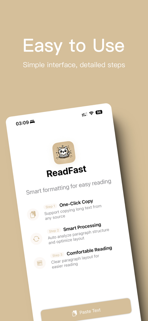 ADHD Reader - text,web,file - Screenshot of the ReadFast app interface highlighting a simple three step process for smart text formatting and comfortable reading for ADHD users