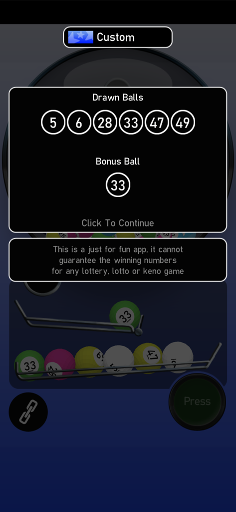 Lotto 3D app interface displaying drawn lottery numbers and bonus ball