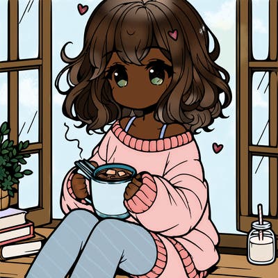 cute anime girl reading book and drinking hot chocolate from mug with loose wavy hair wearing a baggy sweatshirt and shorts sitting by windowsill looking out