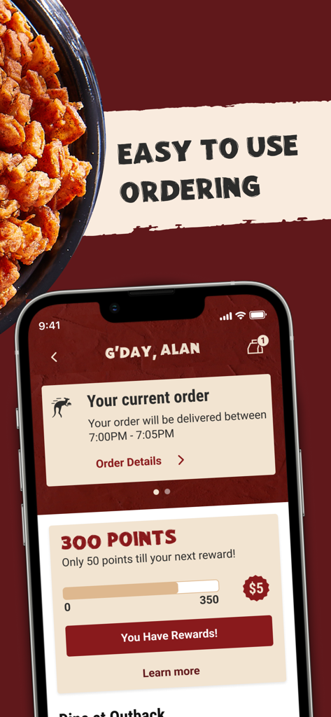 Outback Steakhouse mobile app interface showing order tracking and Dine Rewards points balance