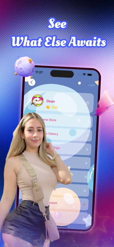Dazel app user profile and settings menu showing coin balance and game options
