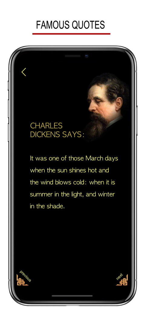 Screenshot of the famous quotes feature in the 150 Must Read Books app displaying a quote by Charles Dickens