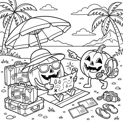 Join these adorable jack-o'-lanterns as they embark on a delightful beach vacation! This charming coloring page captures the essence of a perfect sunny getaway, filled with exploration and relaxation.