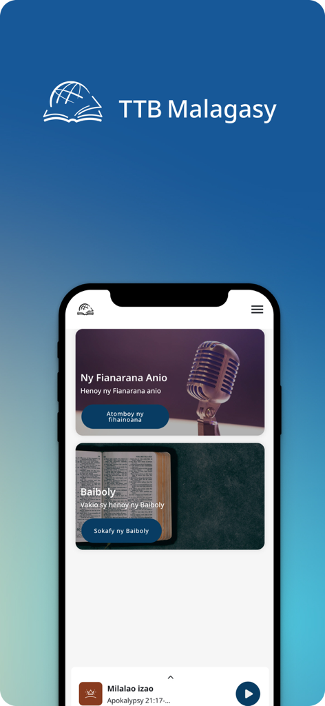 TTB Malagasy Fianarana Baiboly - Home screen of the TTB Malagasy app featuring audio teaching and Bible study sections.