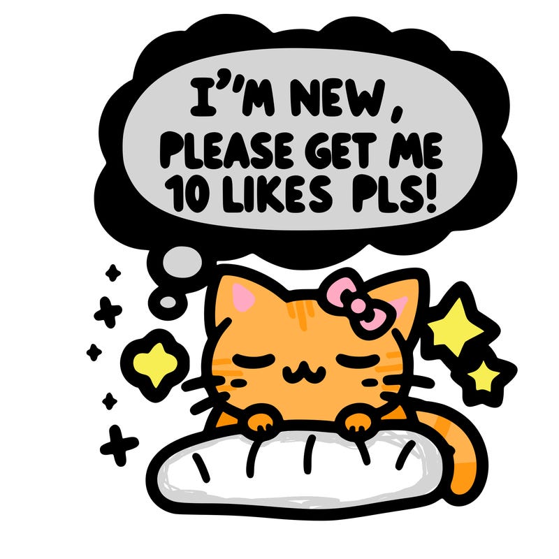 kitty taking a nap dream talking and saying "i'm new, please get me at least 10 likes pls!!"